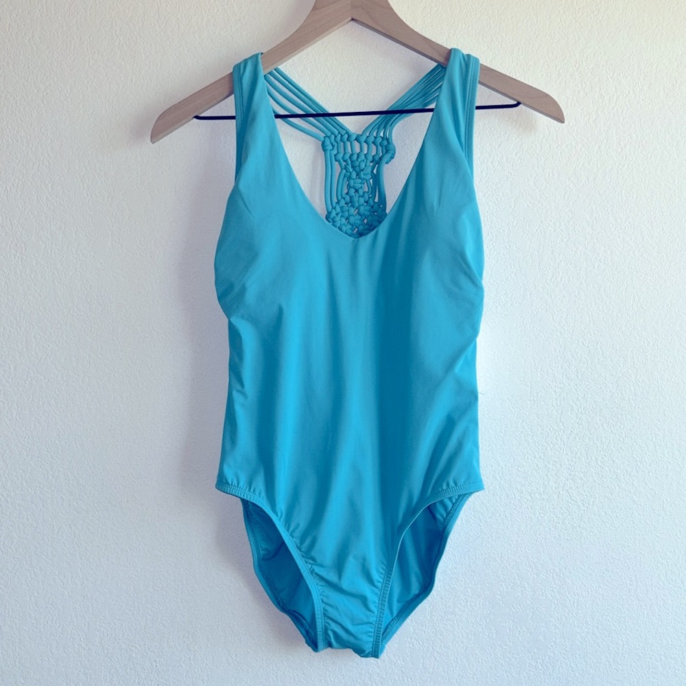 NWT Jantzen Tummy Control Macrame Strappy Cascade Blue One Piece Swimsuit Sz 6